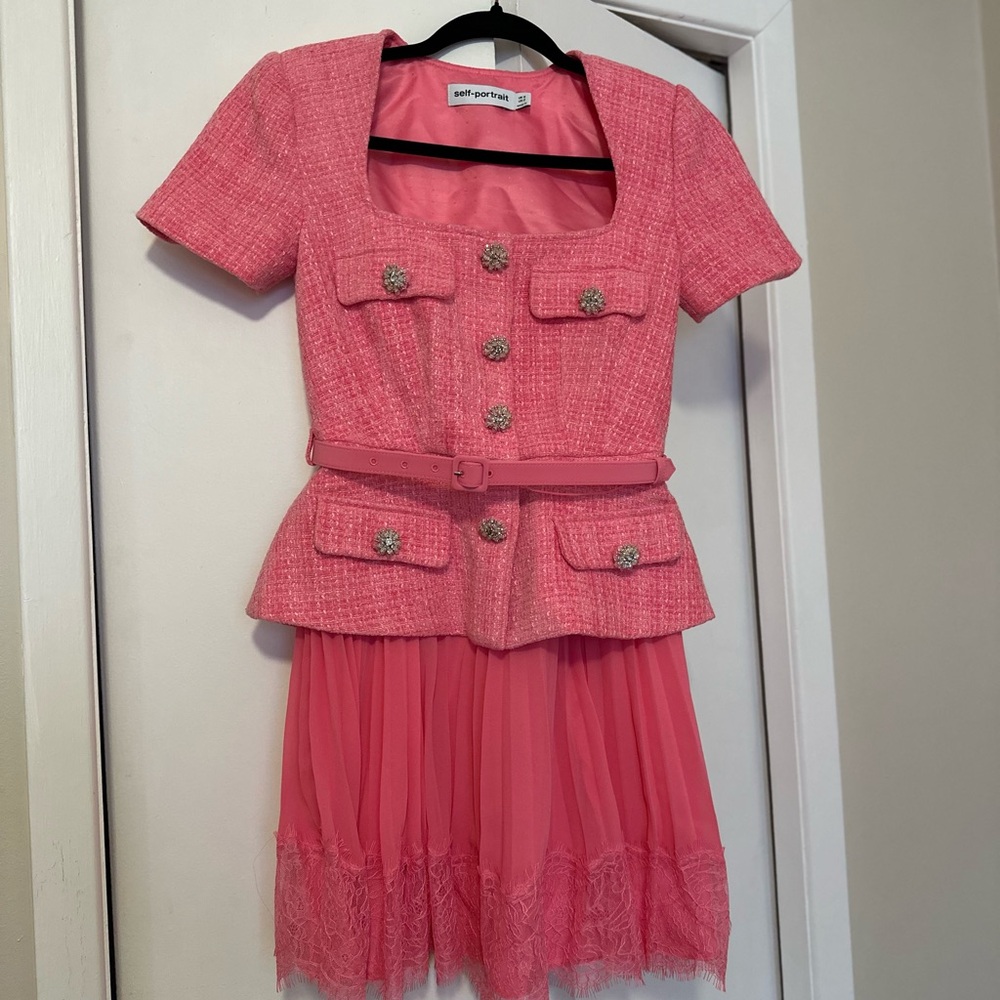 Self-Portrait Pink Bouclé Peplum Mini Dress with Belt - US 2